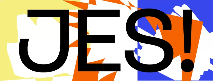 Kollase, oranžika ja sinise tausta peal on suurelt kirjas "JES!".