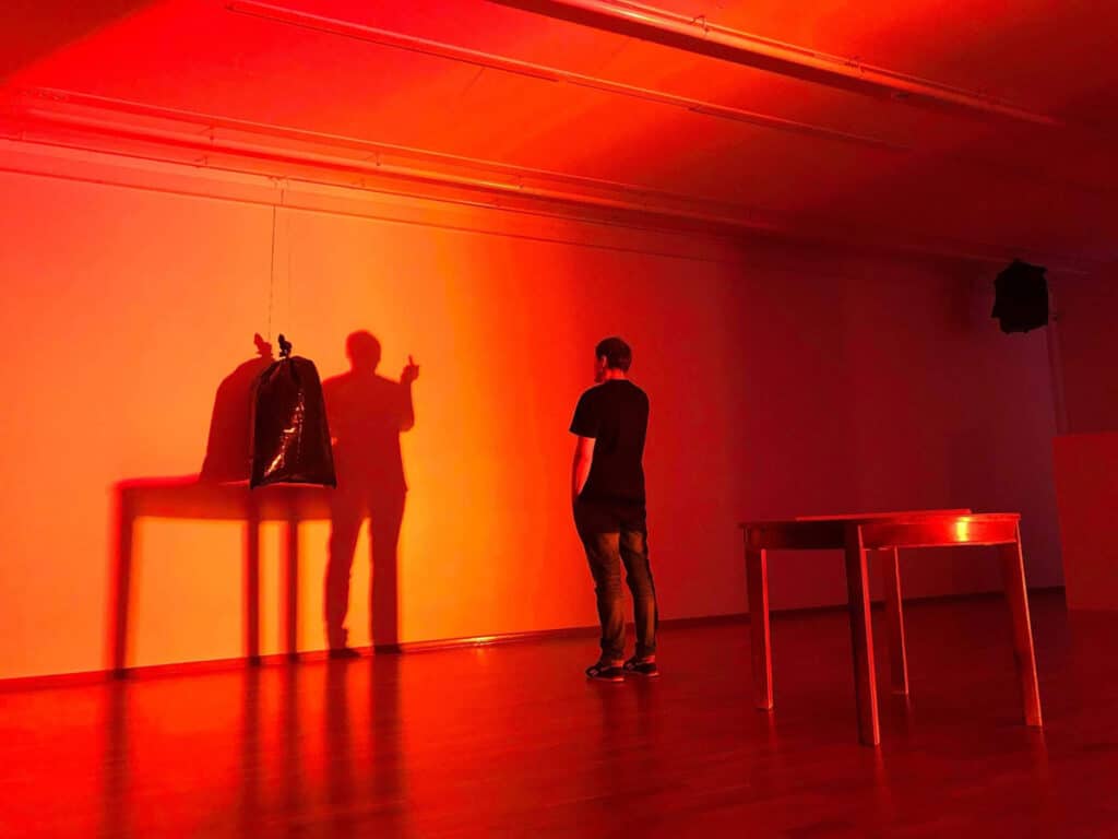 Pildil on oranžilt valgustatud tuba, kus seinal ripub must prügikott ning toa keskel seisab laud. Näoga seina poole seisab mees, kes näitab keskmist sõrme.