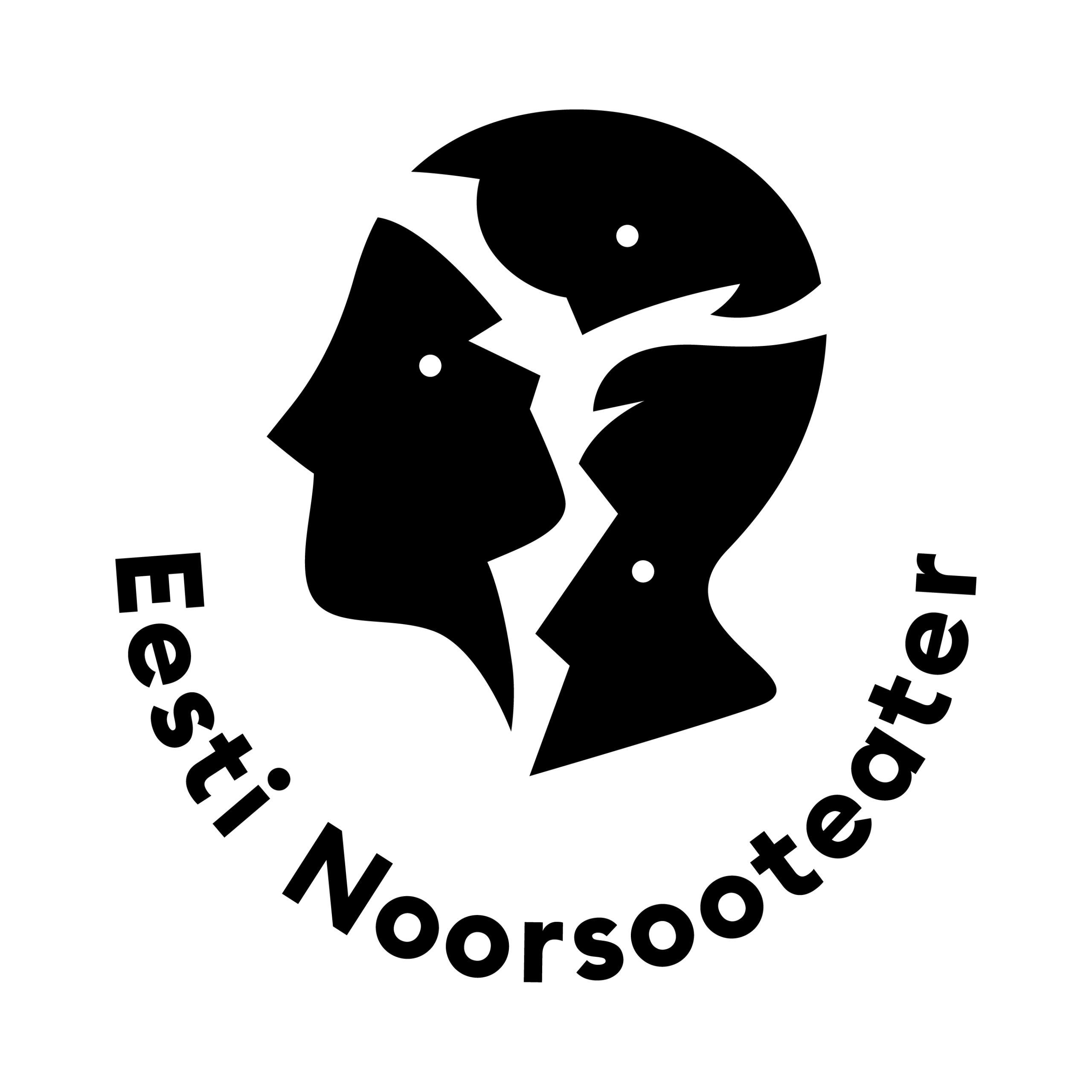 Pildil on Eesti Noorsooteatri logo, mille ülaosas on vasakul vaatav nägu, mis omakorda moodustub kolmest samuti küljele vaatavast näost. Allpool on kaarena kirjas "Eesti Noorsooteater".