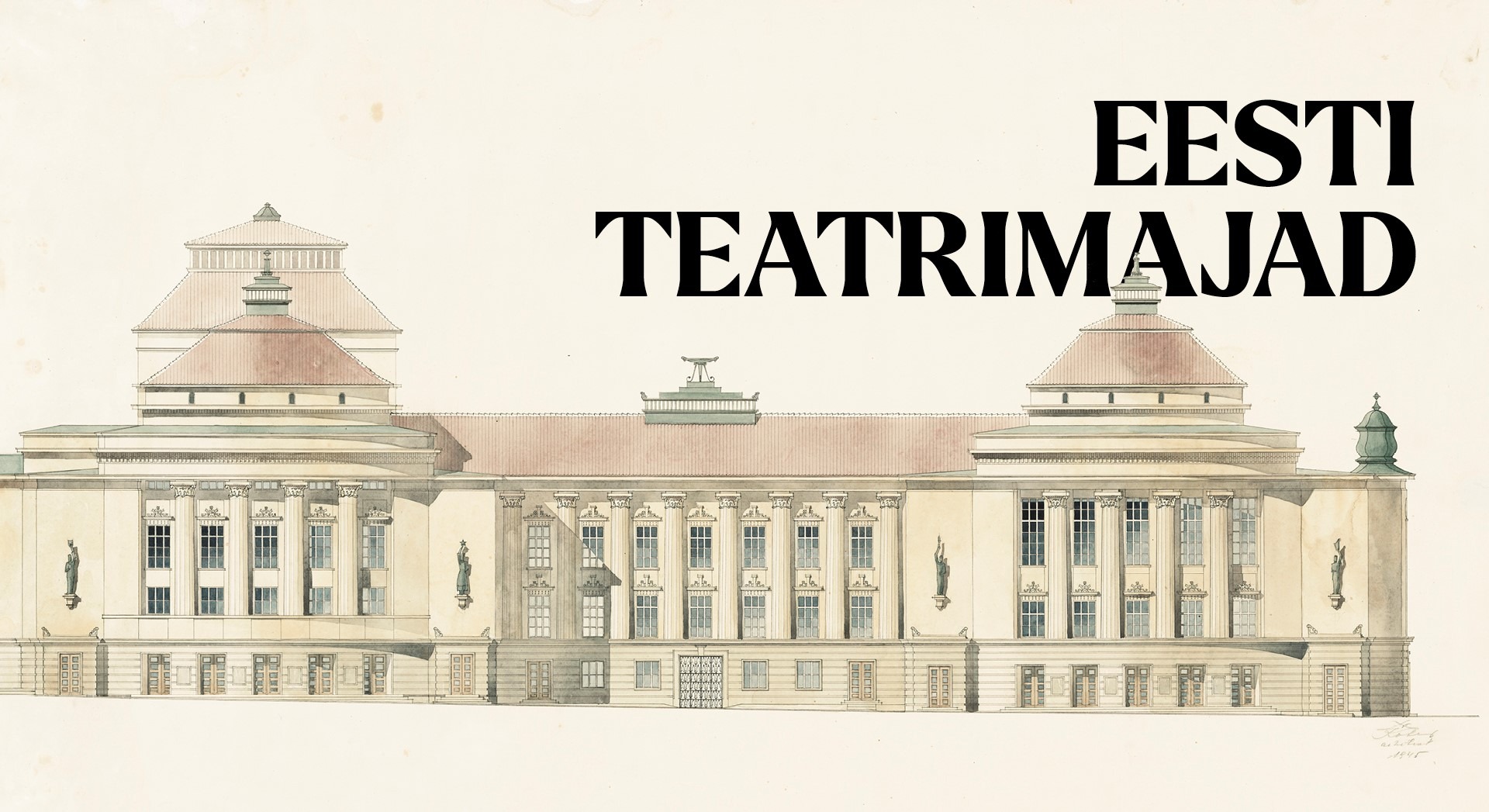 Pildil on joonistus Estonia teatri hoonest: see on kollakas suurte akendega ajalooline maja, mille kahel poolel ulatuvad katusest välja punakate katusekividega tornid. Pildi ülemises paremas nurgas on kirjas "Eesti teatrimajad".