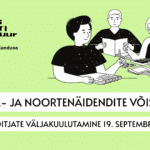 Helerohelisel taustal on mustas kirjas "LASTE- JA NOORTENÄIDENDITE VÕISTLUS / VÕITJATE VÄLJAKUULUTAMINE 19. SEPTEMBRIL". Teksti kohal on mustvalge illustratsioon kolmest kirjutavast ja lugevast inimesest, millest vasakul on Eesti Teatri Agentuuri ja Eesti Lastekirjanduse Keskuse logod.