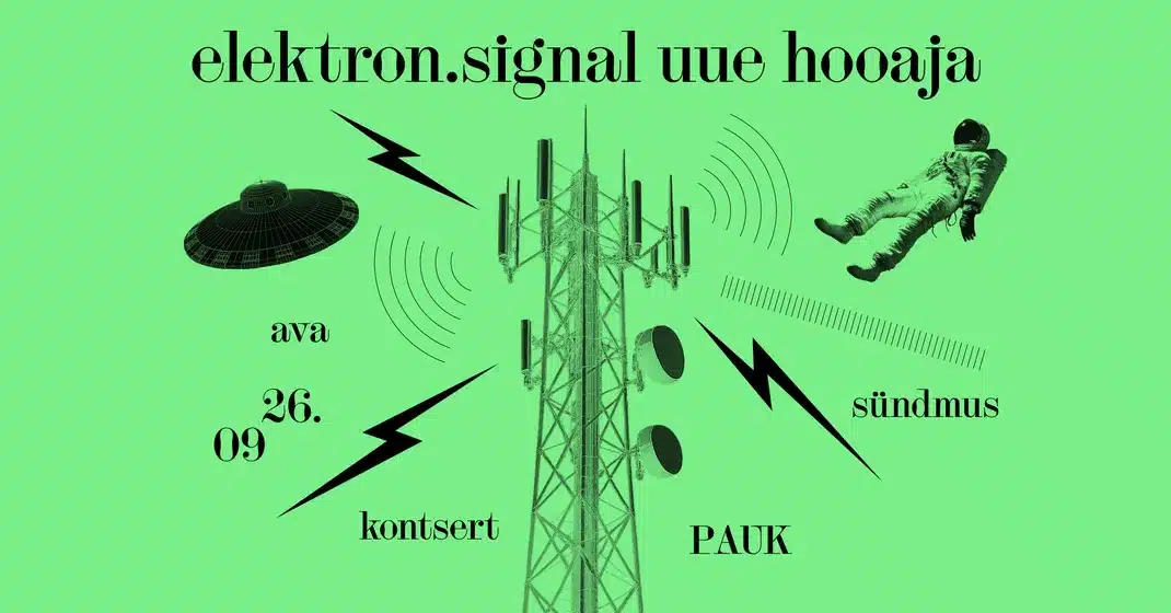 Pildi keskmes on rohelisele taustale joonistatud raadiotorn. Selle ümber on mustas kirjas 