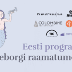 Helelillal taustal on kirjas "Eesti programm Göterborgi raamatumessil". Pildi ülemises vasakus nurgas on illustratsioon merineitsiga, kes hoiab käes kalaluud. Pildi ülemises paremas nurgas on seitsme organisatsiooni logod.