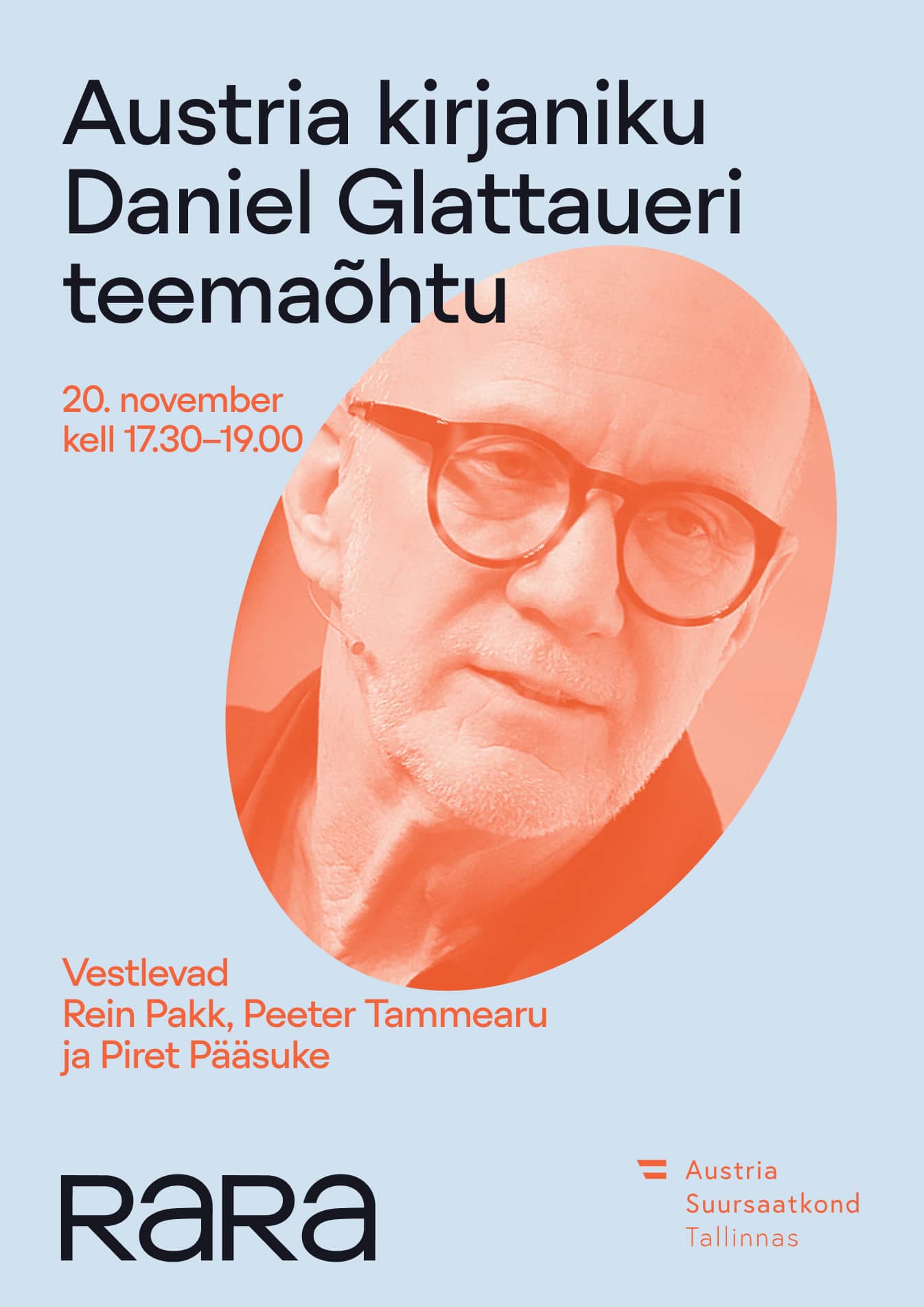 Pildil on Daniel Glattaueri teemaõhtu plakat, mille keskel on oranžikates toonides portreepilt Glattauerist. Selle ümber on helesinisel taustal kirjas 