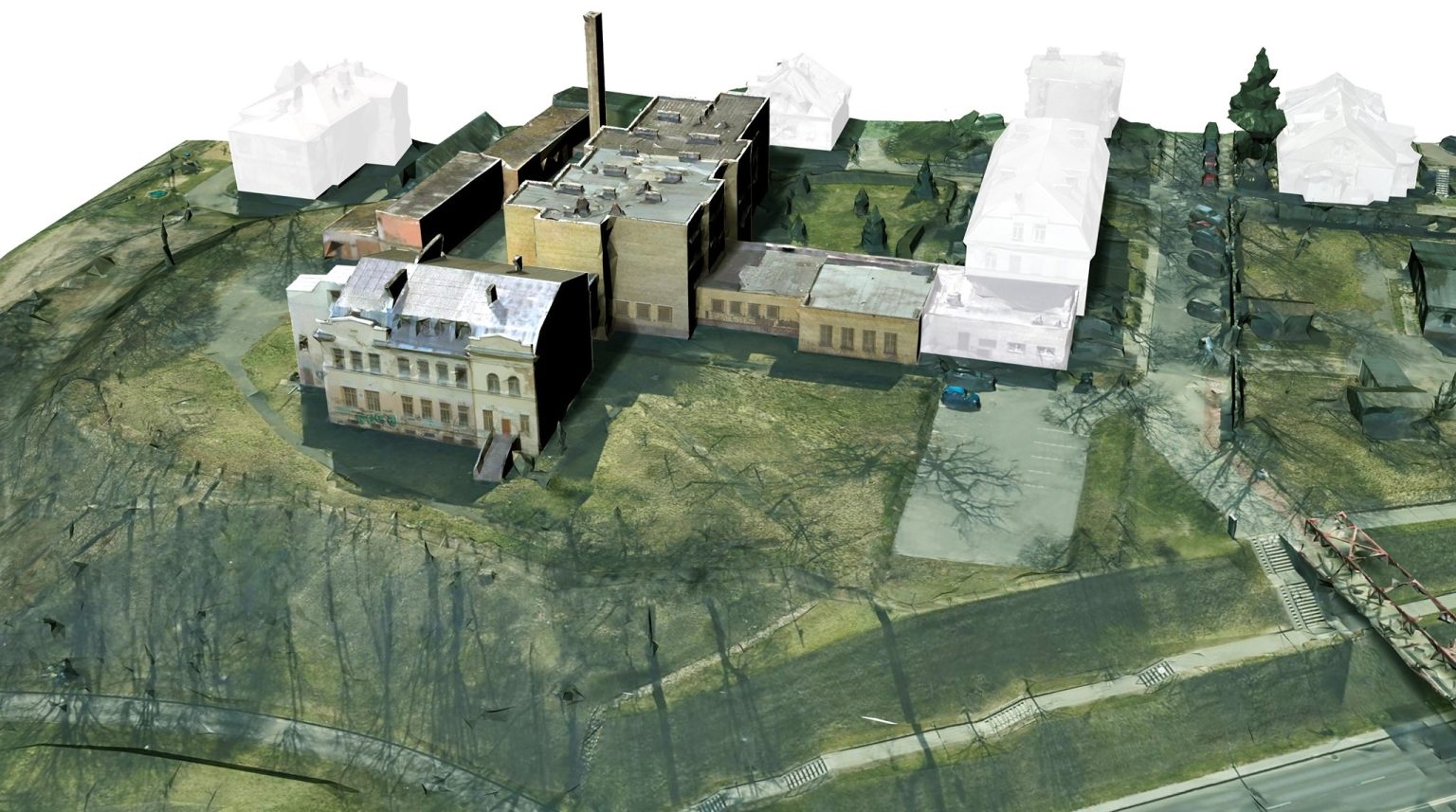 Pildil on näha illustratsiooni kultuurikeskuse SODAS 2123 hoonetest Vilniuses. Tegu on aerofotoga, mille töötlemisel on kõrvalasuvad majad valgeks värvitud.