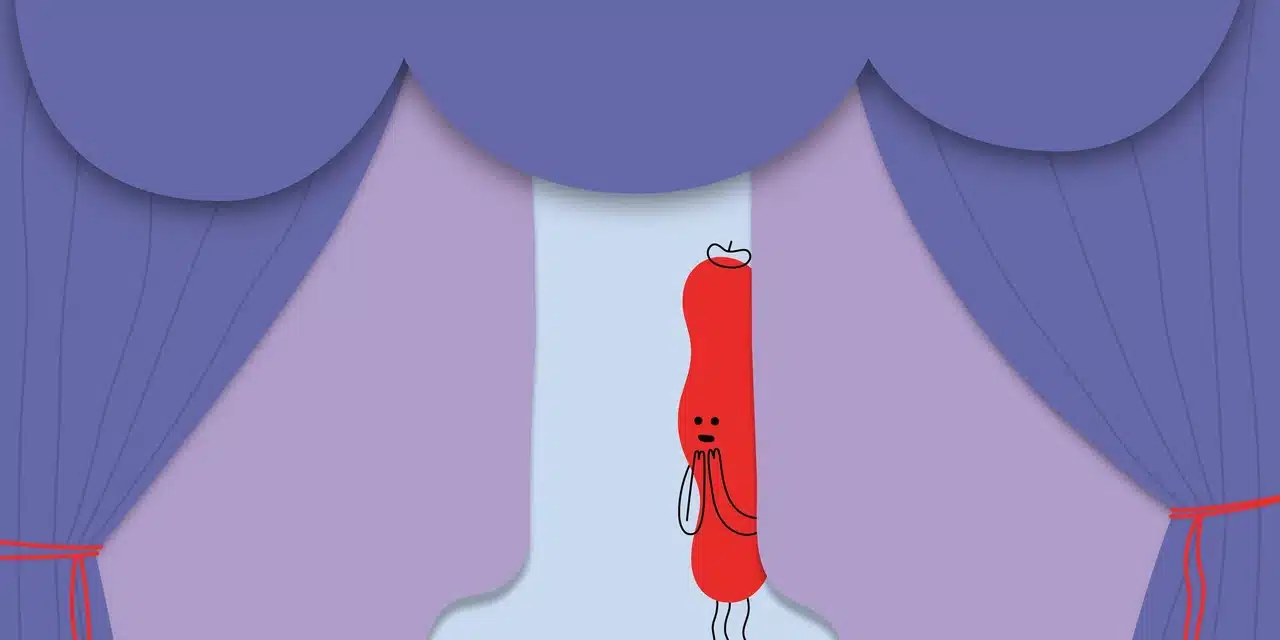 Illustratsiooni keskel on punane joonistatud tegelane, kes seisab helelillade kardinate vahel, justkui hakkaks kohe lavale astuma. Ta hoiab käsi suu juures ja kannab peas baretti.