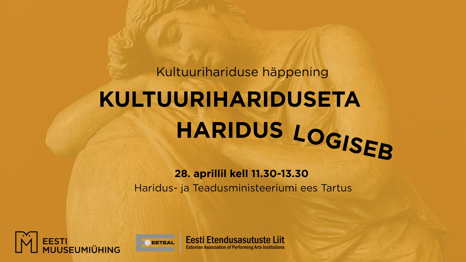 Pildi taustal on foto skulptuurist, keskel on mustas kirjas 