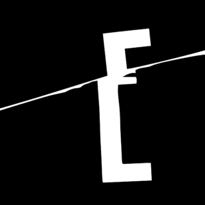 Pildil on Ekspeditsiooni logo. Mustal taustal on valge E-täht, mis on keskelt justkui läbi lõigatud.