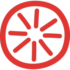 Pildil on Eesti Rahvakultuuri keskuse logo: valgel taustal on punane ring, mille sees on kaheksa punast joont, mis on kiirte kombel suunatud ringi keskpunktist ringjooneni.