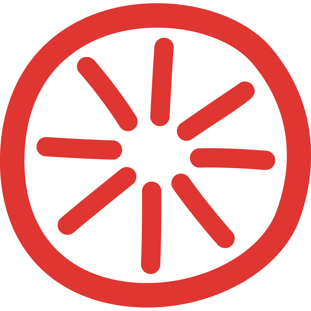 Pildil on Eesti Rahvakultuuri keskuse logo: valgel taustal on punane ring, mille sees on kaheksa punast joont, mis on kiirte kombel suunatud ringi keskpunktist ringjooneni.